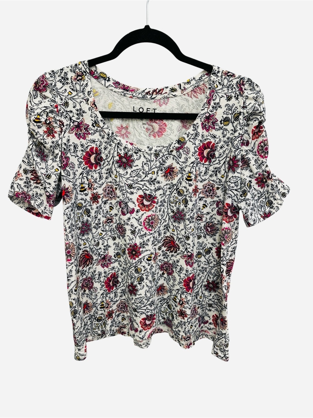 LOFT Vintage Soft puff shoulder floral top Size L 100% cotton spring summer